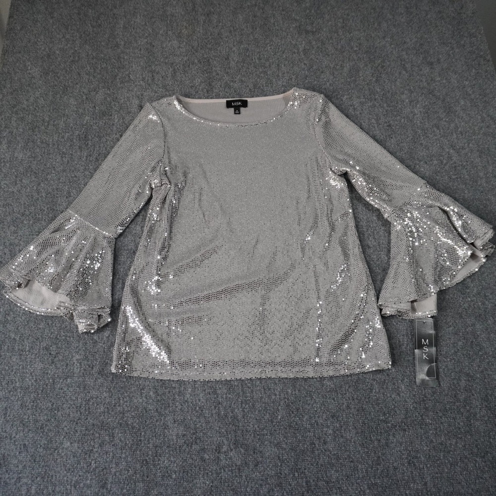 MSK Women's‎ Bright Silver Sequin Embellished Bell Sleeve Party Top